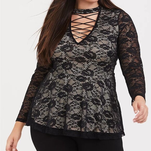 🆕 2X TORRID BLACK LACE LATTICE PEPLUM TOP - Picture 1 of 5